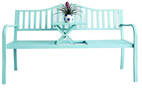 ZMYJTO 59-Zoll-Patio-Gartenbank mit ausziehbarem Mitteltisch, Doppelsitzstuhl aus Gusseisen-Stahlmetall im Freien, für den Eingangsbereich des Parkhof-Rasendeckpfads, 880 lb-Gewichtskapazität (Colo