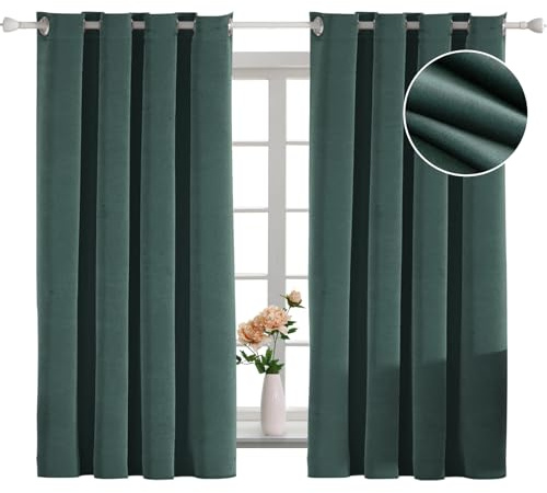 YSTELLAA Tenda 100% Oscurante Da Interno 2 Pezzi, 140×160cm, Tenda Velluto Fonoassorbenti, Tende Termiche Isolanti Per Interni, Con Anelli, Moderne, Per Camera Da Letto, Verde