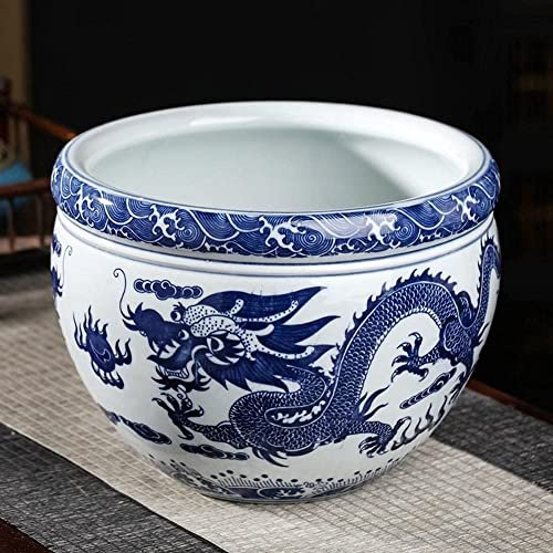 Pots De Fleurs en Céramique Chinois Bleu Et Blanc Porcelaine Asiatique Double Dragon Feu Perle Bol De Poisson Pots De Plantes Succulentes Jardinière Succulente Décoration Intérieure Cylindre