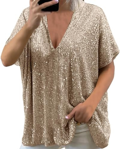 Générique T Shirt à Manche Courte Femme Col V Brillant Métallisé Glitter Grandes Tailles Casual Basique Paillettes Haut Décontracté Brillante Sequins Étincelle Ample Oversize Tops Fête Club