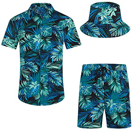 SPKPKEY Ensemble de 2 chemises hawaïennes et shorts pour homme - Chemise décontractée boutonnée - Tenue de plage d'été avec chapeau cloche