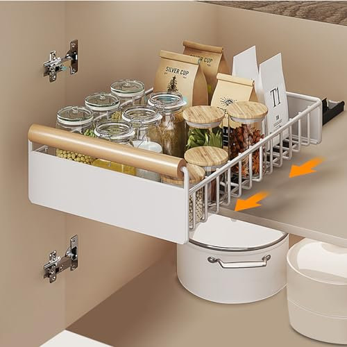 Teleskopschublade 24cm Ausziehbare Schublade Küche, Küchenschrank Organizer Auszug Nachrüsten Pull Slide Out Cabinet Drawer mit Griff Kein Bohren Erforderlich für Küche/Bad