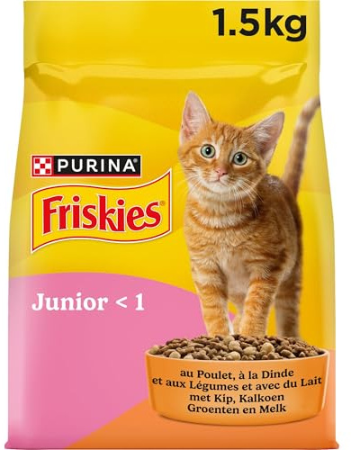 FRISKIES | Junior | Gato | Croquetas Completas para Gatitos| con Pollo, Leche y Verduras | Alimento Completo para Un Crecimiento Sano del Gatito | Bolsa | 1,5 KG