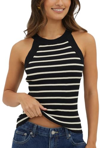 EMOTTOS Camiseta Sin Mangas para Mujer, Camisetas Rayas Camisetade Cuello Halter Verano, Cuello Redondo Tank Top sin Mangas Elegante Sexy Ajustada Casual para Mujeres, Negro y Blanco S