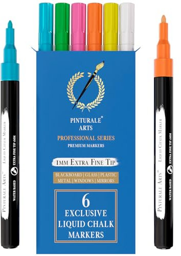 Pinturale Arts® Kreidemarker mit extra feiner 1 mm Spitze, Flüssigkreide-Marker, für Fenster, Tafeln, Glas, leicht zu löschen, feine