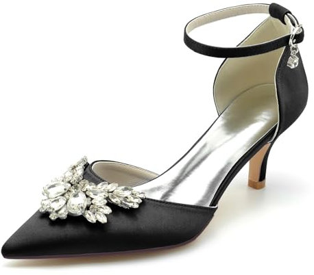 Wedding Bridal Shoes Women Kitten Heel Pointed Toe Ankle Strap Mary Jane Low Heel Satin Pumps Shoes 6Cm,Black,10 UK