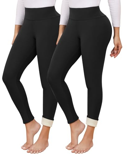 Vorvowry Fleece Lined Leggings Women UK Thick Warm Fluffy Elastic High Waisted Tummy Control Ladies Winter Thermal Leggings 2PC Black XXL