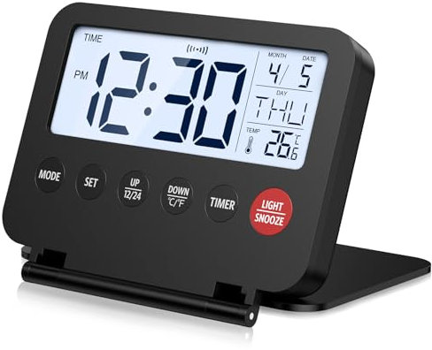 OQIMAX Digital Wecker Klein, Mini Reisewecker Digital mit 12/24H, Kalender, Temperatur ℃/℉, Datum, LCD Display, Snooze und 6S Hintergrundbeleuchtung, Batteriebetrieben Mini Wecker Klappbar