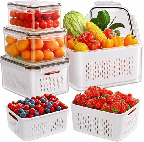 LATERN 5 Piezas Recipientes de Almacenamiento de Alimentos para Refrigerador con Coladores Extraíbles, 4 en 1 Contenedor Organizador Hermético con Tapas para Dulces Ensaladas Frutas Verduras Carne