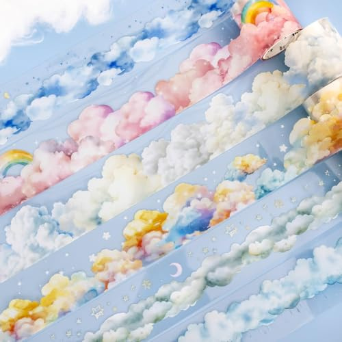 MisKepaa Set di 6 adesivi a tema cloud PET Washi Tape Aesthetic Stickers, 40 mm x 2 m, impermeabili, per diario, accessori, album fotografici, quaderni, bricolage, serie cloud