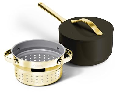 Caraway Nonstick 3 Qt Ceramic Sauce Pan with Lid & Steamer - Non Toxic, PTFE & PFOA Free - Oven Safe & Compatible with All Stovetops (Gas, Electric & Induction) - Black
