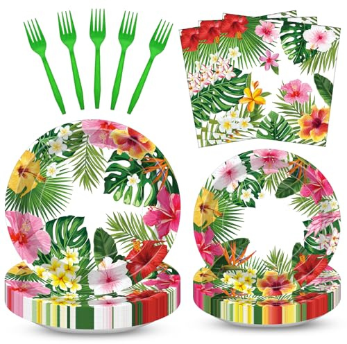100 Pcs Tropical Luau Party Supplies Set, Serves 25 – Disposable Hibiscus Floral Paper Plates, Napkins, and Forks, Hawaiian Themed Tableware for Summer BBQ, Pool and Beach Aloha Birthday Decorations