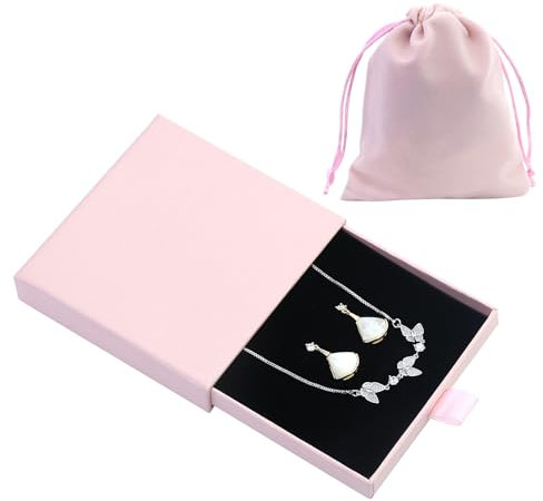 Small Jewelry Gift Box with Velvet Bag, Pink Necklace Bracelet Earring Kraft Organizer Box Portable Square Lidded Pendent Storage Case for BirthdayWedding Anniversaries Present (9 x 9 x 1.8 cm)