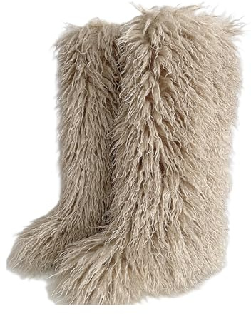 SongKedora Women High Fur Boots Winter Flat Fluffy Fuzzy Boots Y2K Knee-High Boots Furry Shoes (Khaki, 8.5, Adult, Women, 8.5, Numeric, US Footwear Size System, Medium)