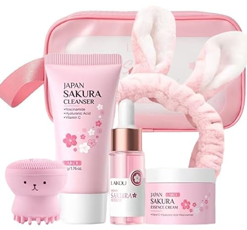 Set per la cura della pelle Sakura Teen Girls Gifts - Kit da viaggio - detergente, siero, crema viso, fascia, spazzola detergente e borsa da viaggio per adolescenti 10-12 anni, set regalo per donne