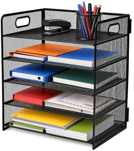 Vurixfo 5 Tier Paper Letter Tray Desk Organiser, A4 Mesh Desk File Holder Metal Magazine File Desks Storage Black Desktop Document Shelf Tray Storage for Desks Organizer and Office Accessories