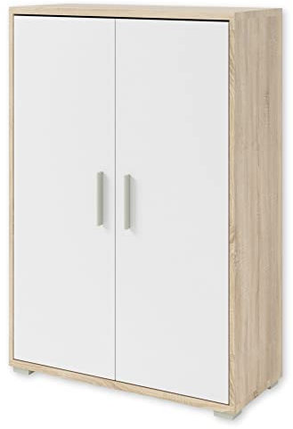 OFFICE LINE Aktenschrank in Eiche Sonoma Optik, Weiß - Halbhoher Büroschrank mit 2 Türen - Modernes Büromöbel Komplettset - 79 x 114 x 35 cm (B/H/T)