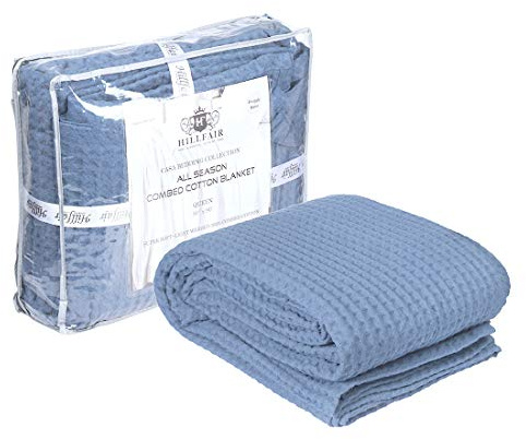 HILLFAIR 100% Combed Cotton Blanket–102x108 Inch California King Size Bed Blankets– Warm Soft All Season Breathable Blankets– Extra Large Oversized California King Blanket- Sky Blue Cotton Blankets