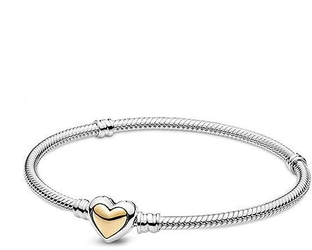 PANDORA gewölbtes goldenes Herz-Verschluss Schlangen-Gliederarmband aus Sterling-Silber und 14 Karat Gold, Größe: 18, 599380C00-18