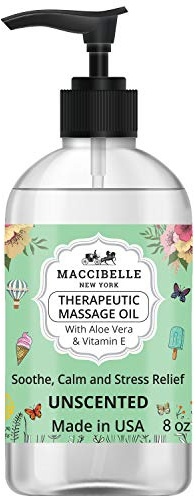 Maccibelle Unscented Natural Sensual Massage Oil for Couples Therapeutic Massage with Vitamin E and Aloe Vera a for Soothing, Calming and Muscle Relief 8 oz Fragance Free (Unscented)