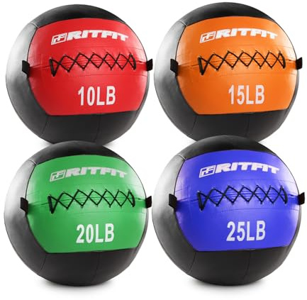 RitFit Soft Medicine Ball/Wall Ball Set for Strength and Conditioning Workouts, Core Training and Cross Training(5/10/15/20/25/30lbs) (Red+Orange+Green+Blue(10lb+15lb+20lb+25lb))
