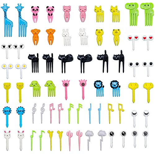 ZORRA 64 Stück Obstgabeln Cartoon Zahnstocher bento zubehör Lebensmittelqualität Gabel Picks Mini Dessertgabeln Kinder Erwachsene Dessert Obst Partyzubehör Dekoration für Kuchen Gebäck Kinderparty