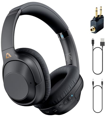 YMOO Casque Bluetooth 5.2 sans Fil pour Avion, Casque Réduction de Bruit 75H Hi-Res,Casque Audio Bluetooth avec Microphone, adapté pour Smartphone/PC/Tablet/TV, Adaptateur Avion (Black)