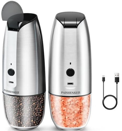 Salz und Pfeffermühle Elektrisch 2er Set: USB Wiederaufladbar Elektrische Pfeffermühle mit LED-Licht, Einstellbarer Grobheit Gewürzmühle für Küche und BBQ