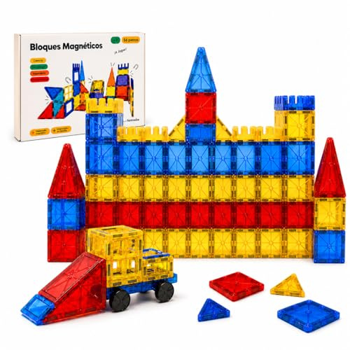 FANTASIZE Bloques Magnéticos Construcción Niños 56 Piezas, Set 3D Educativo Stem con Coche, Piezas Magnéticas de Colores, Juguete Creativo para Niños y Niñas +3 Años, Regalo Infantil