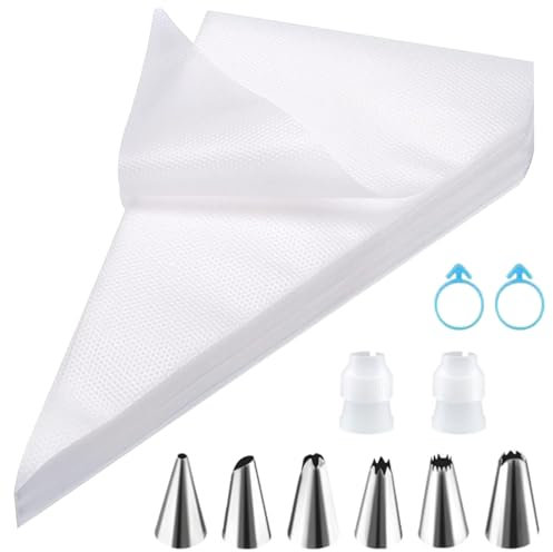 Czwander Spritzbeutel Einweg, 100 Stück Spritzbeutel 20 * 30CM + 6 Spritztüllen + 2 Kuchentüllen + Zwei Spritzbeutel-Oberseiten-Gummibänder zum Dekorieren von Kuchen und Keksen