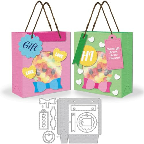 DELORIGIN 3D Gift Bag Cutting Dies 2 Styles Gift Box Card Borders Stitch Die Cut Sewing Carbon Steel Die Cuts Stencils Card Making with Bow Tie Scrapbooking Embossing Template for Gift Packaging