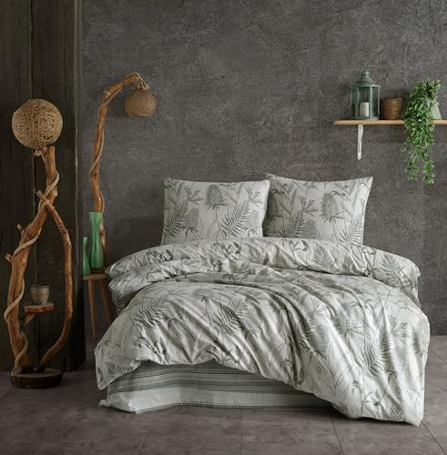 ZIRVEHOME Bettwäsche 200x220 cm 3 teilig Set Baumwolle Bettbezug Grün-Grau mit Tropischem Palmblatt und Kardenblumen-Design, Tuva