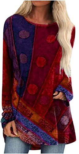 Tops for Women UK Long Sleeve Round Neck Shirts Casual Ethnic Floral Tunic Sweatshirts Hippie Cute Tunics T-Shirts Ethnic Style Boho Dressy Tees Pullover Winter Outfits