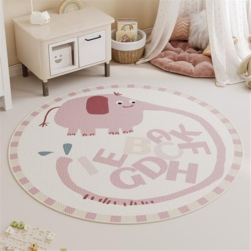 YATOLA Alfombras Salón Alfombra Habitación Lavables para Dormitorio Antideslizante de Cama Infantil Peluche Fácil Cuidar, Alfombra de Juegos Lavable Dinosaurio Elefante Animale (Crema 1, Ø80cm)