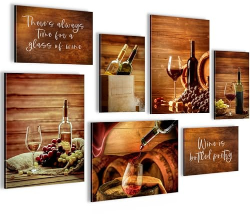 Novart Wandbilder Küchenbild Wein - KOMPLETT AUFHÄNGFERTIG - Braun Küche Esszimmer - 7 Moderne Mood-Bilder - N035971a