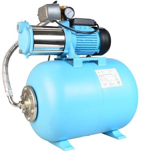 Hauswasserwerk MAX-H 1300 - Kreiselpumpe (5520 l/h, 1300 W Förderhöhe 55m) - 50L Druckkessel - Hauswasserautomat mit Druckschalter Manometer - Wasserpumpe Edelstahl INOX für Gartenbewässerung 50 Liter