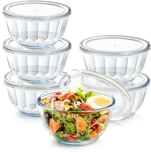 NUTRIUPS Borosilicate Glass Bowls with Lids Set of 6 Small Bowls Meal Prep Glass Containers (800ml)