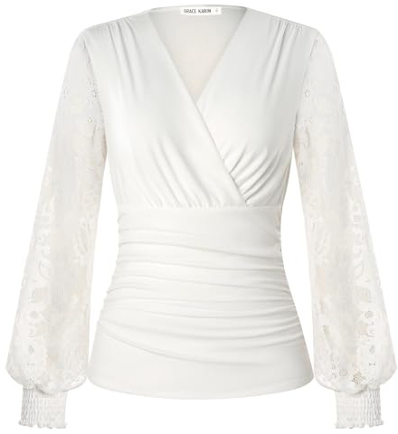 GRACE KARIN Women’s Long Sleeve Tops Elegant Wrap V-Neck Ruched Tunic Blouses Casual Vintage Blouse Shirt for Evening