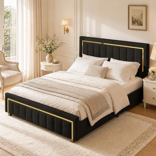 BRILVERDE Letto imbottito 160x200 cm con Contenitore idraulico, Letto matrimoniale, Funzionale con testiera, Struttura letto con rete a doghe, Velluto (Nero, 160 x 200 cm)