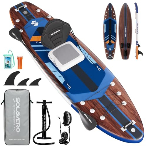 SOLAVERO Stand Up Paddle Gonflable 350 x 89 x 15 cm Paddle Gonflable Adulte 210kg 2 Personnes pour Débutants et Tous Niveaux avec Siège, Pagaie Réglable, Pompe, Leash, Pochette et Sac à Dos
