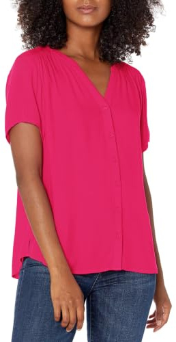 Amazon Essentials Women's Short-Sleeve Woven Blouse, Hot Pink, Medium