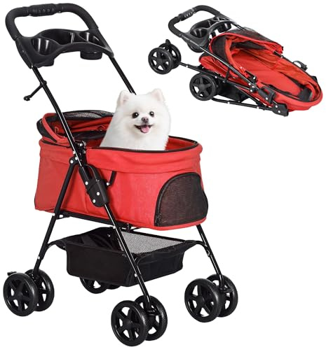 PawHut Cochecito para Perros Plegable Carrito para Perros Pequeños con Ruedas Universales Cesta de Almacenaje Correas de Seguridad y Ventana 67x45x96 cm Rojo