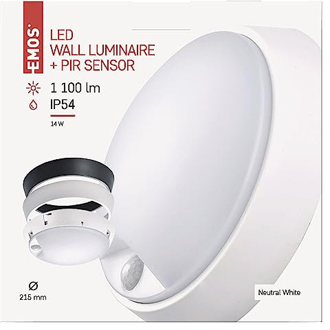 EMOS LED-Wandleuchte und Deckenleuchte mit Bewegungsmelder, rund, IP54 wasserdichte 14 W Außenleuchte für Balkon, Keller, Garage, Outdoor, 1100 lm, neutralweiß 4000K, Ø21,5cm, ZM3231, 21,5 cm