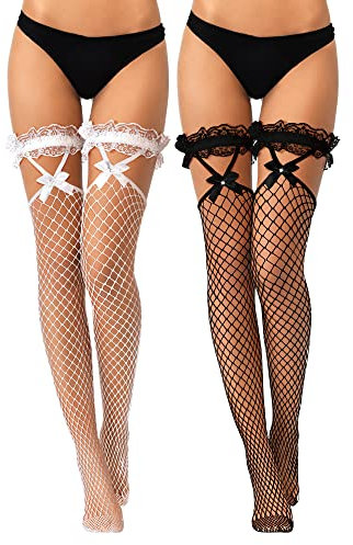 Geyoga 2 Paar Netzstrümpfe mit Spitzenoberteil Schleifen Oberschenkelhohe Halterlose Strümpfe für Frauen (Schwarz, Weiß)