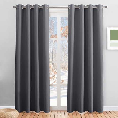 PONY DANCE Grey Blackout Curtains Long 84 Inch Drop for Living Room, Eyelet Thermal Energy Saving & Light Darkening Curtains for Bedroom, Window Treatment for Bedroom, W46 X L84, Gray