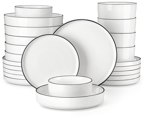 MALACASA 24-Piece Porcelain Dinnerware Set, Dish Set for 6, Premium Plates and Bowls Sets, Chip and Scratch Resistant, White with Black Rim, Series LEAH