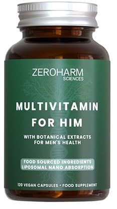 ZeroHarm Men’s Multivitamin – Plant-Based Formula with Vitamins A, B, C, D3, Iron & Magnesium – Liposomal Absorption – Powered by Real Food Ingredients – 120 Vegan Capsules