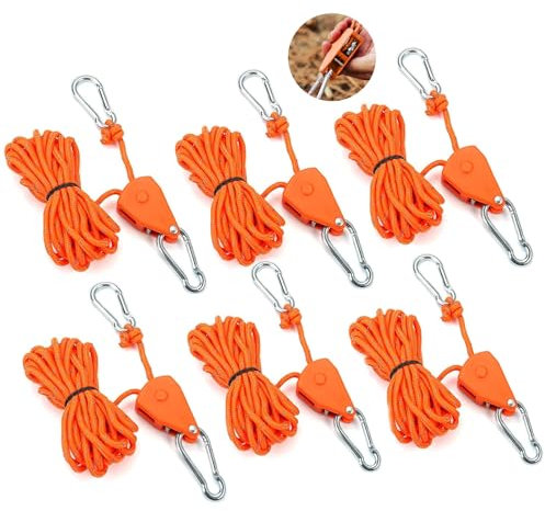 6 Stück Flaschenzug mit Seilbremse, Seilratsche Einstellbar, Spannseil mit Haken 4 M, Winddichtes Outdoor Seil mit Ratsche Reflektierend, Abspannseile mit Seilspanner 4 MM, für Camping, Zelte