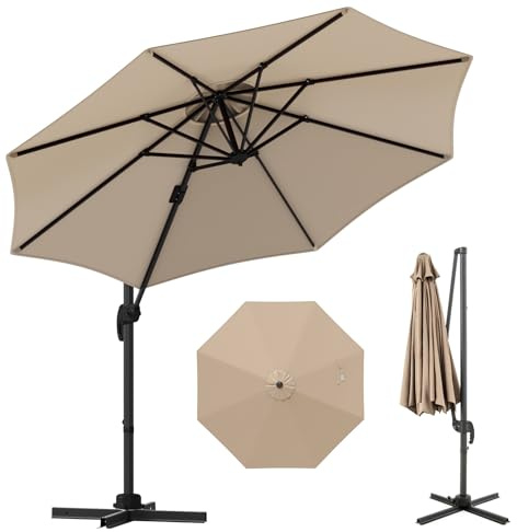 TANGZON 3M Cantilever Parasol, Heavy Duty Offset Umbrella with Cross Base, 8 Ribs, 5 Adjustable Tilt, 360° Rotation & Crank Handle, Outdoor Market Umbrella Sun Shade Canopy for Backyard Garden (Beige)