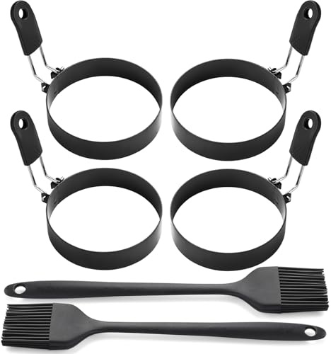Eierring-Set aus Edelstahl, 8,9 cm, runde Eierform zum Braten und Grillen, mit Ölpinsel (4 Ringe, 2 Bürsten)